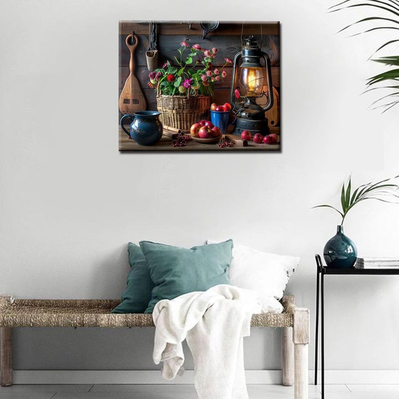 Aihonmin Rustic Style DIY Oil Painting on Canvas 16x20 Inch Paint by Numbers for Adults Kids Flower Oil Lamp and Apple Acrylic Pigment Watercolor Paint Kits Retro European Style Home Wall Decor(Frameless) - Image 2